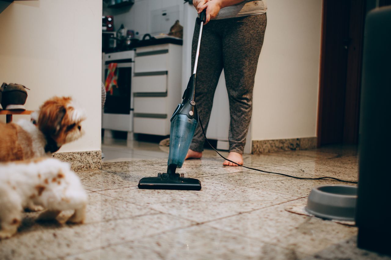 hero-img-02 A woman cleaning the floor with a vacuum cleaner while a dog watches attentively. Indoor home setting.